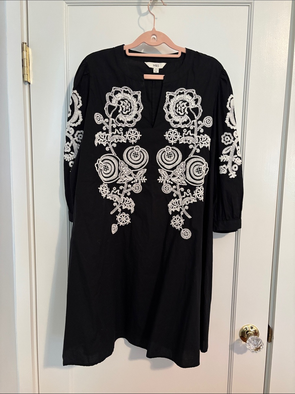 Marks & Spencer Black Midi Dress with White Floral Embroidery